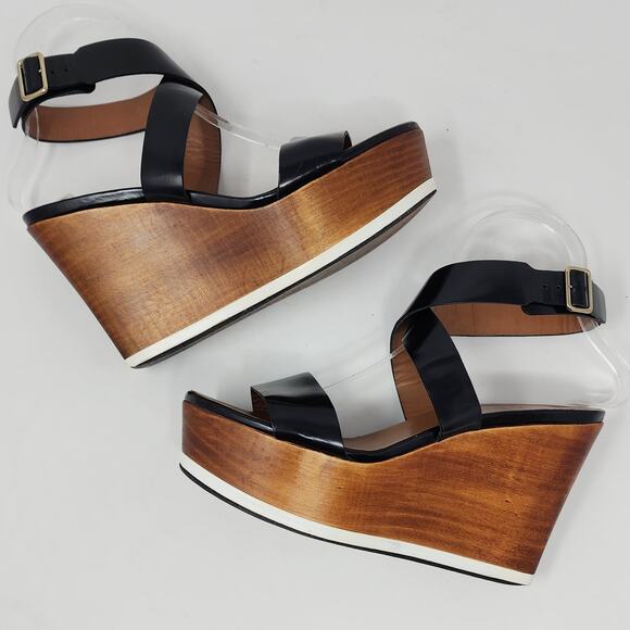 Givenchy Platform Wood Wedge Sandals Women 38/8 Black Strappy Leather Buckle - Picture 7 of 9